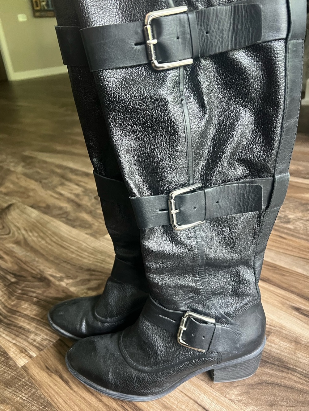 Donald J. Pliner Black Leather Over-the-Knee Buckle Boots